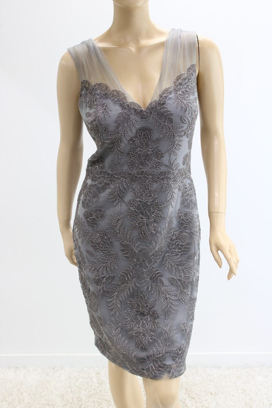 Tadashi Shoji Cocktail Dress Womens 8 Silver Embroidered Floral Metallic Thread
